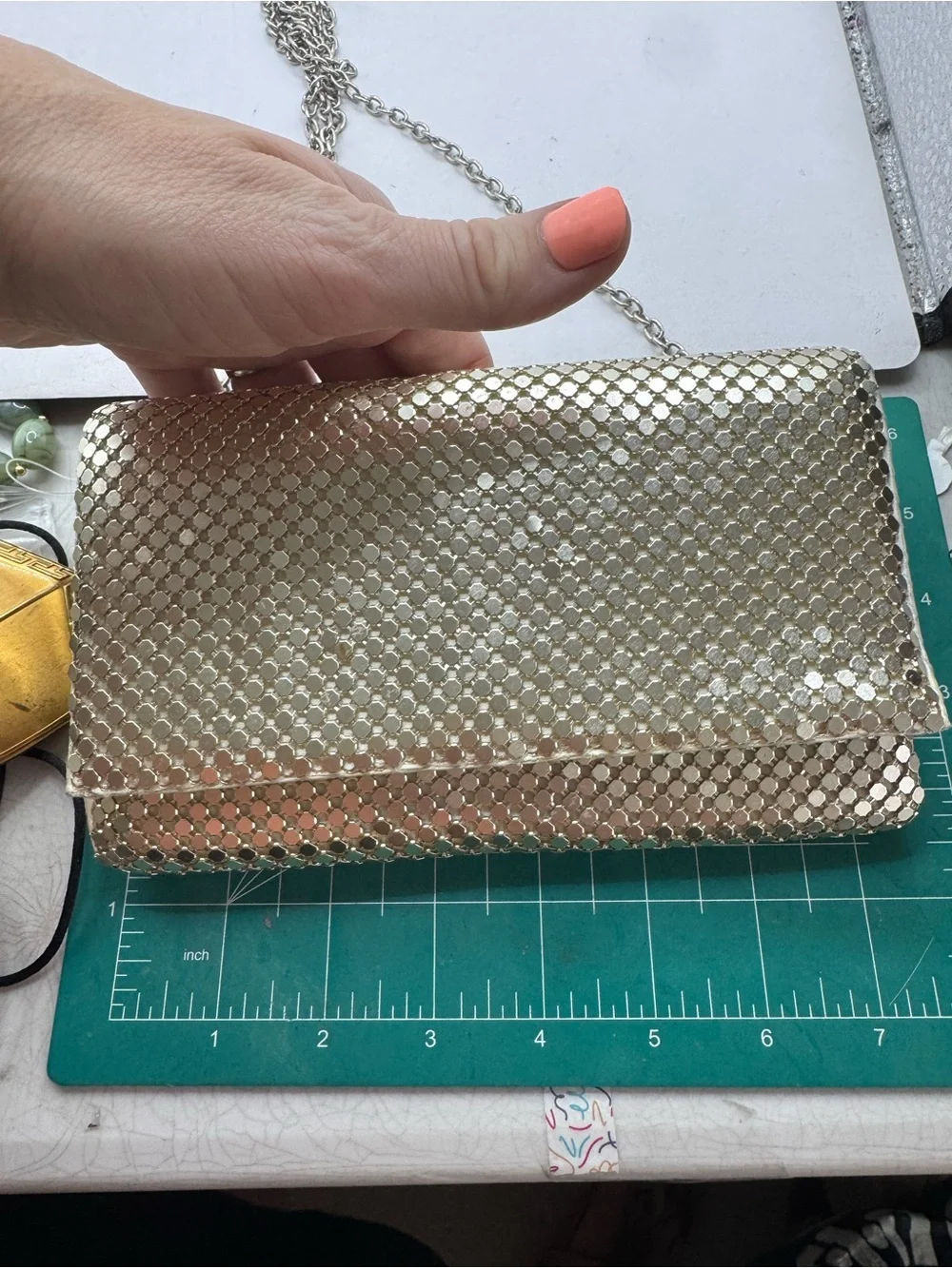 Jessica McClintock vtg gold mesh metallic evening bag purse clutch chain strap